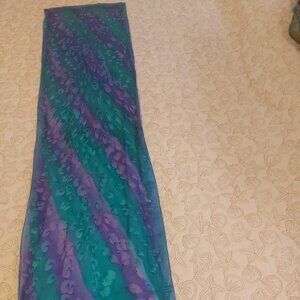 100% silk scarf hand painted in green and purple dye design